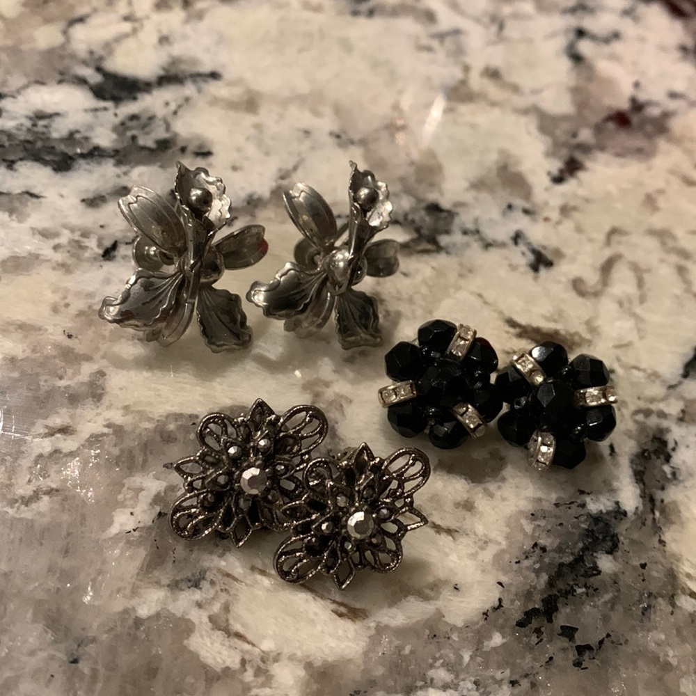 Three Pairs of Vtg Silver Tone /‎ Black Clip-on & Screw-back Earrings.